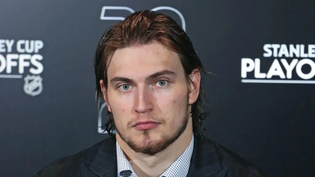 Matthew Knies #23 of the Toronto Maple Leafs fields questions after a 5-4 victory against the Florida Panthers in Game One of the Second Round of the 2025 Stanley Cup Playoffs at Scotiabank Arena on May 5, 2025 in Toronto, Ontario, Canada.