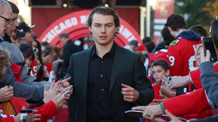 Connor Bedard #98 of the Chicago Blackhawks at United Center on October 17, 2024 in Chicago, Illinois.