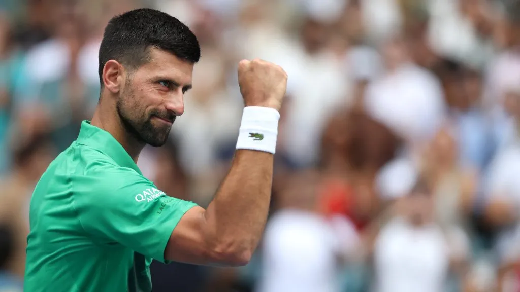 Novak Djokovic of Serbia celebrates defeating Grigor Dimitrov of Bulgaria after their Miami Open semifinal. (Al Bello/Getty Images)