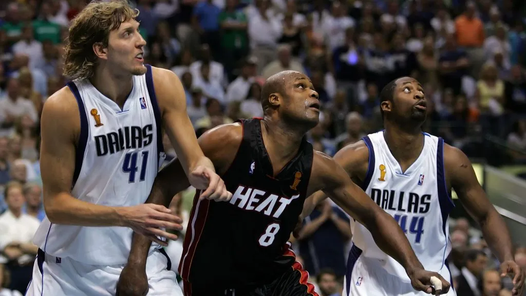 Dirk Nowitzki #41, Antoine Walker #8 of the Miami Heat and Adrian Griffin #44 of the Mavs battle for position in game two of the 2006 NBA Finals. (Lisa Blumenfeld/Getty Images)