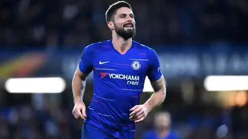 Olivier Giroud of Chelsea celebrates after scoring his team's first goal during the UEFA Europa League Group L match between Chelsea and PAOK at Stamford Bridge on November 29, 2018.