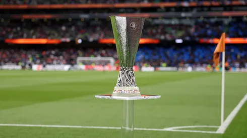 A detailed view of The UEFA Europa League Trophy prior to the UEFA Europa League 2023/24 final match between Atalanta BC and Bayer 04 Leverkusen at Dublin Arena on May 22, 2024.