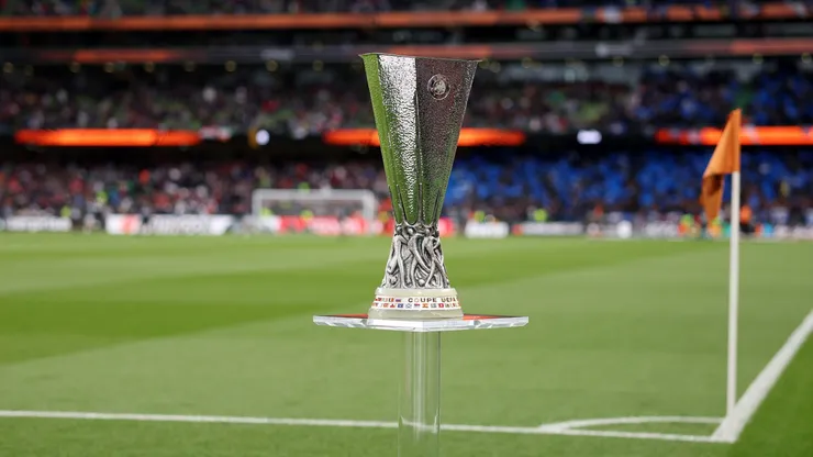 A detailed view of The UEFA Europa League Trophy prior to the UEFA Europa League 2023/24 final match between Atalanta BC and Bayer 04 Leverkusen at Dublin Arena on May 22, 2024.