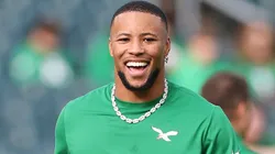 Saquon Barkley #26 of the Philadelphia Eagles smiles during warmups before a game against the Dallas Cowboys at Lincoln Financial Field on December 29, 2024 in Philadelphia, Pennsylvania.