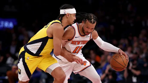 Jalen Brunson #11 of the New York Knicks tries to get past Andrew Nembhard #2 of the Indiana Pacers in the second quarter at Madison Square Garden on October 25, 2024 in New York City.