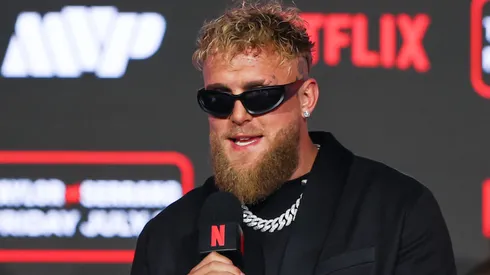 Jake Paul speaks during the Katie Taylor vs. Amanda Serrano Press Conference.