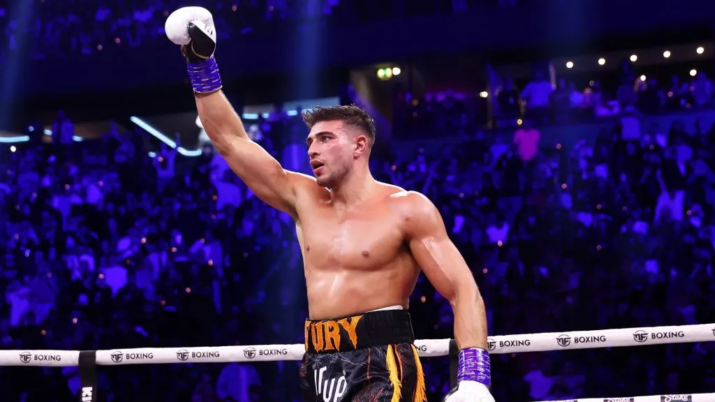 Tommy Fury celebrates victory during the Misfits Cruiserweight fight between KSI (Olajide Olayinka Williams) and Tommy Fury at AO Arena on October 14, 2023 in Manchester, England. (Photo by Matt McNulty/Getty Images)