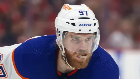 Connor McDavid #97 of the Edmonton Oilers prepares for a face-off against the Florida Panthers in Game Two of the Final of the 2024 Stanley Cup Playoffs at the Amerant Bank Arena on June 10, 2024 in Sunrise, Florida.