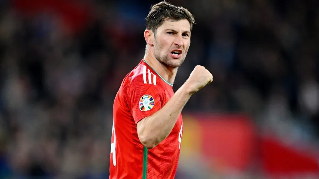 Ben Davies of Wales celebrates during the UEFA EURO 2024 European qualifier match between Wales and Croatia at Cardiff City Stadium on October 15, 2023. (Source: Shaun Botterill/Getty Images)