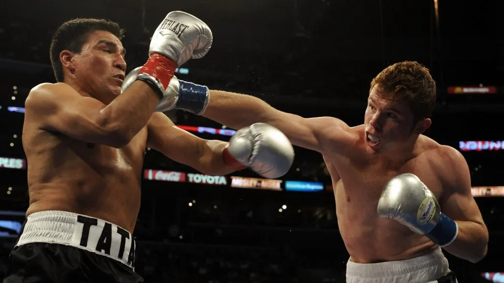 Saul Alvarez of Mexico hits Carlos Baldomir of Argentina in the WBC Super Welterweight Silver Title fight at Staples Center on September 18, 2010 in Los Angeles, California. (Photo by Harry How/Getty Images)