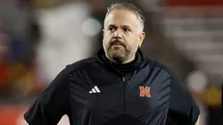 Trev Alberts Athletic Director for the Nebraska Cornhuskers talks with head coach Matt Rhule before the game at Camp Randall Stadium on November 18, 2023 in Madison, Wisconsin.