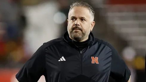 Trev Alberts Athletic Director for the Nebraska Cornhuskers talks with head coach Matt Rhule before the game at Camp Randall Stadium on November 18, 2023 in Madison, Wisconsin.