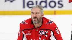 Alex Ovechkin #8 of the Washington Capitals warms up prior to a game against the Carolina Hurricanes in Game Five of the Second Round of the 2025 Stanley Cup Playoffs at Capital One Arena on May 15, 2025 in Washington, DC.
