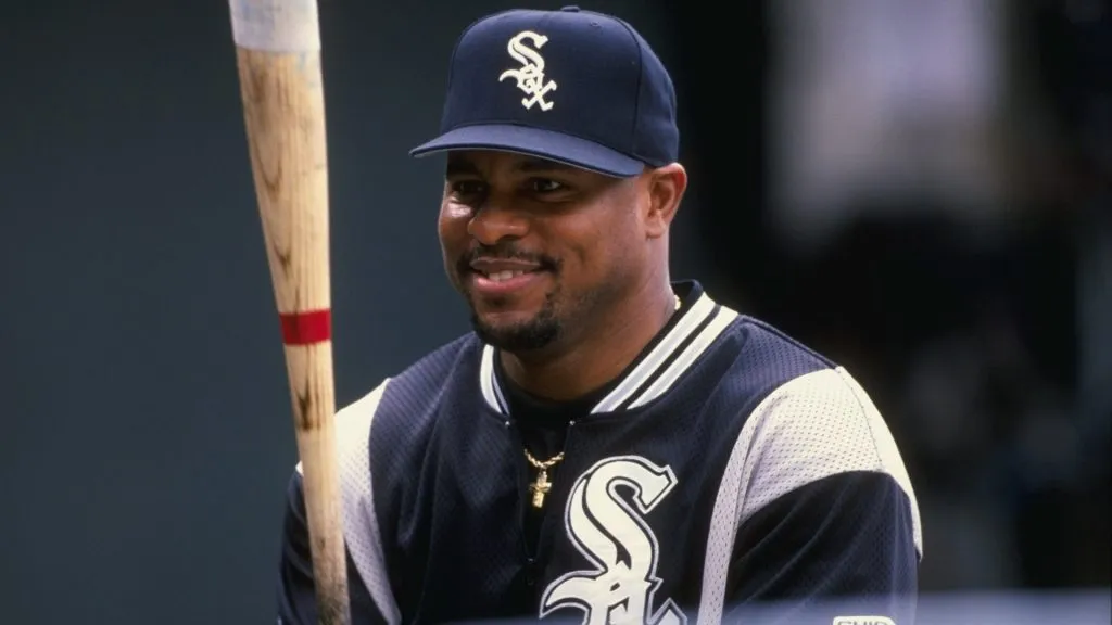 Albert Belle #8 of the Chicago White Sox looks on during a game against the Baltimore Orioles at Camden Yards in 1998. (Source: Jamie Squire /Allsport)