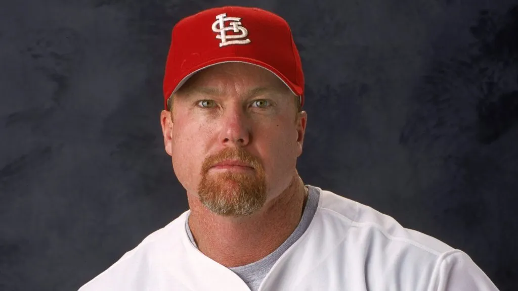 Infielder Mark McGwire #25 of the St. Louis Cardinals poses for a studio portrait during Spring Training Photo Day in 2000. (Source: Matthew Stockman /Allsport)