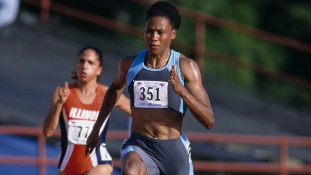 American athlete Marion Jones competing in the Women’s 100 Metres event at the USA Outdoor Track and Field Championships. (Source: Andy Lyons/Getty Images)