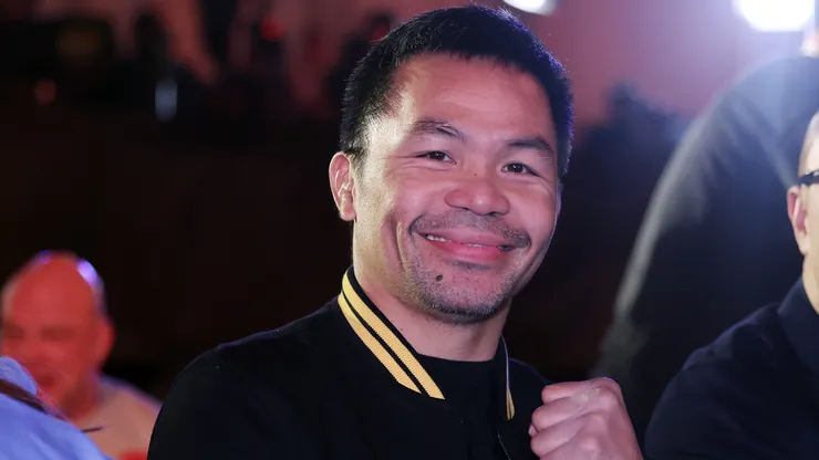 Manny Pacquiao poses for a photo prior to the 'Knockout Chaos' weigh-in at Greece in Boulevard World on March 07, 2024 in Riyadh, Saudi Arabia.