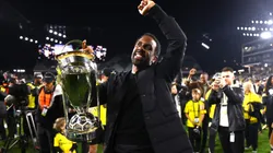 Head coach Wilfried Nancy of the Columbus Crew holds the Philip F. Anschutz Trophy after winning the 2023 MLS Cup against the Los Angeles FC at Lower.com Field on December 09, 2023.