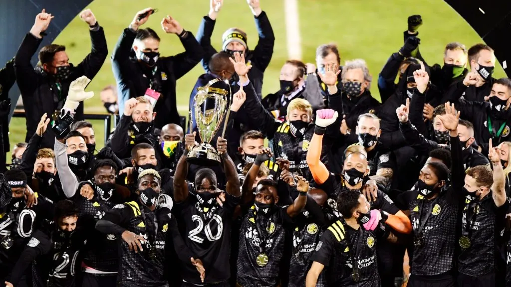 The Columbus Crew celebrates with the MLS Cup after a 3-0 win over the Seattle Sounders during the MLS Cup Final at MAPFRE Stadium on December 12, 2020. (Source: Emilee Chinn/Getty Images)