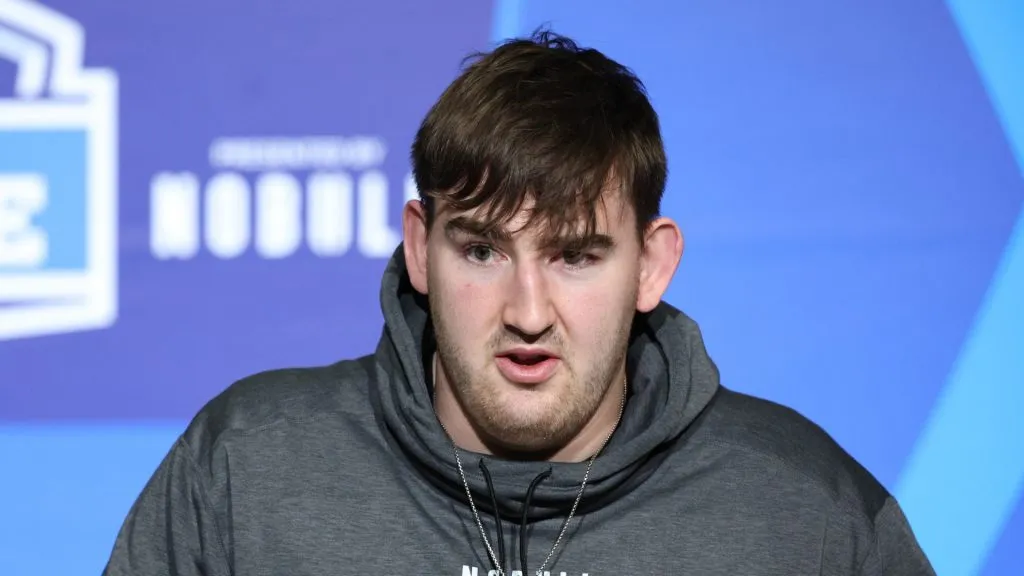 Offensive lineman Nick Broeker of Mississippi speaks to the media during the NFL Combine at Lucas Oil Stadium on March 04, 2023 in Indianapolis, Indiana.
