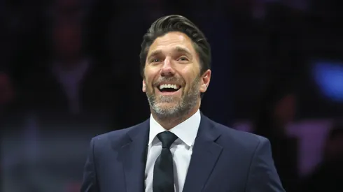 Henrik Lundqvist is given his Hockey Hall of Fame blazer from Lanny McDonald at Air Canada Centre on November 12, 2023 in Toronto, Ontario, Canada.