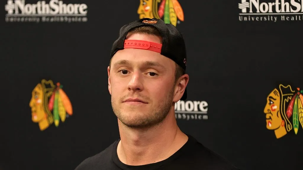 Jonathan Toews #19 of the Chicago Blackhawks speaks to the media following a game against the Philadelphia Flyers at United Center on April 13, 2023 in Chicago, Illinois. The Flyers defeated the Blackhawks 5-4 in overtime.