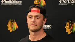 Jonathan Toews #19 of the Chicago Blackhawks speaks to the media following a game against the Philadelphia Flyers at United Center on April 13, 2023 in Chicago, Illinois.