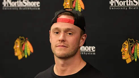 Jonathan Toews #19 of the Chicago Blackhawks speaks to the media following a game against the Philadelphia Flyers at United Center on April 13, 2023 in Chicago, Illinois.