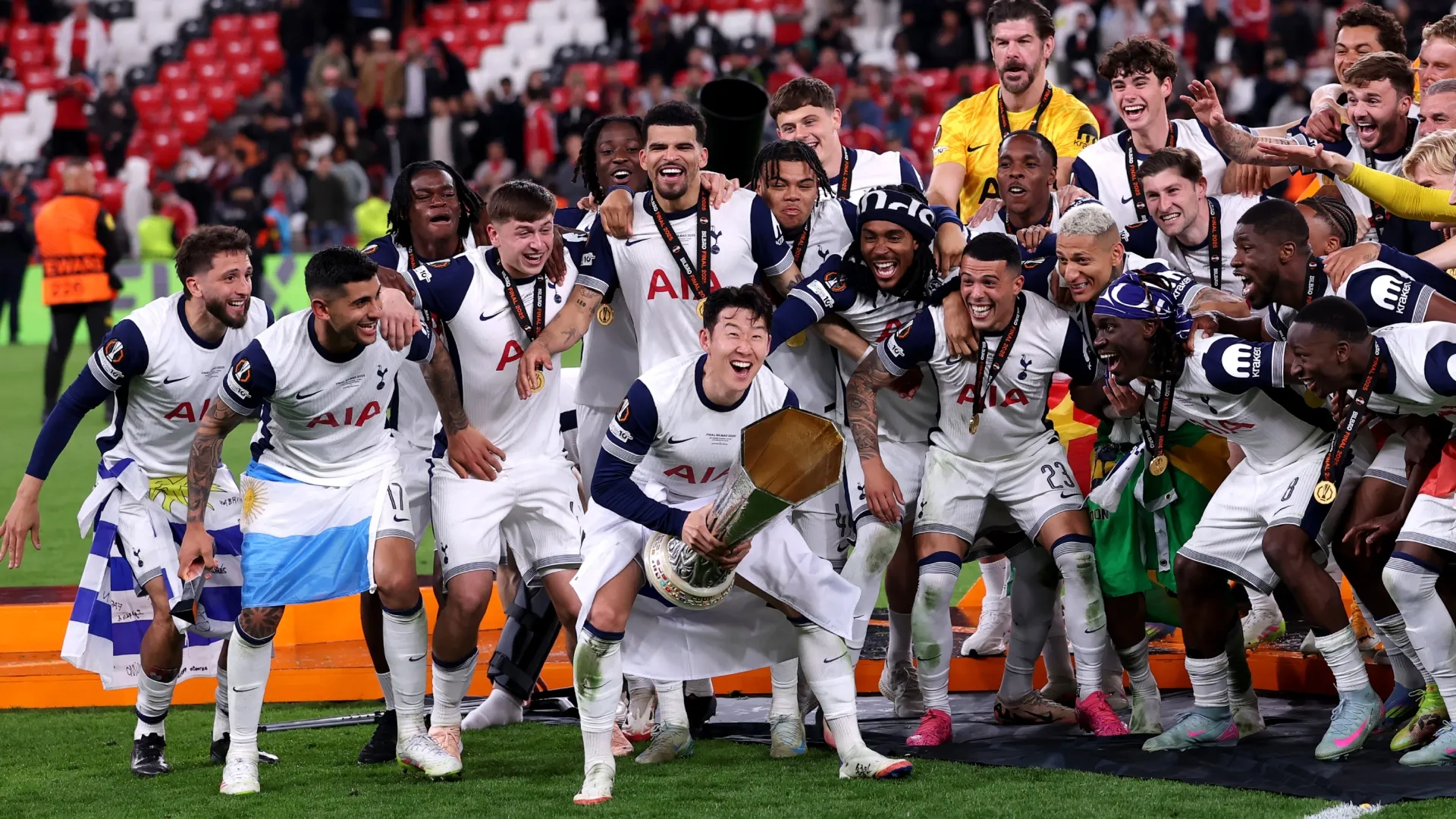 Tottenham players celebrate the UEFA Europa League title.