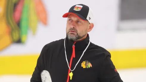 Coach Anders Sorensen looks on during Prospect Camp practice at Fifth Third Arena on September 14, 2023 in Chicago, Illinois.