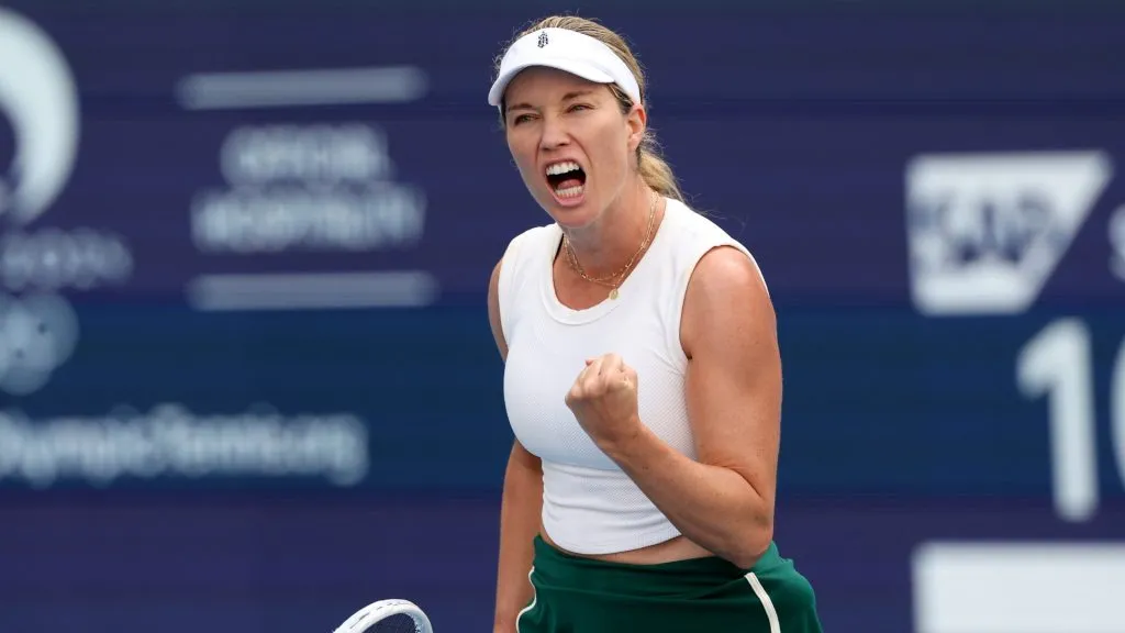 Danielle Collins of the United States reacts after winning a point in the first set against Elena Rybakina of Kazakhstan during the Women’s Final at Hard Rock Stadium on March 30, 2024. (Source: Elsa/Getty Images)