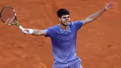 Carlos Alcaraz of Spain celebrates match point against Jannik Sinner of Italy in the Men's Singles Final match on Day Fourteen of the Internazionali BNL D'Italia 2025 at Foro Italico on May 18, 2025 in Rome, Italy.