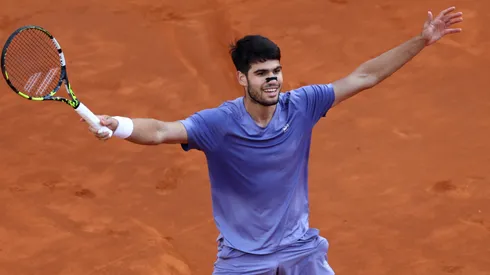 Carlos Alcaraz of Spain celebrates match point against Jannik Sinner of Italy in the Men's Singles Final match on Day Fourteen of the Internazionali BNL D'Italia 2025 at Foro Italico on May 18, 2025 in Rome, Italy.