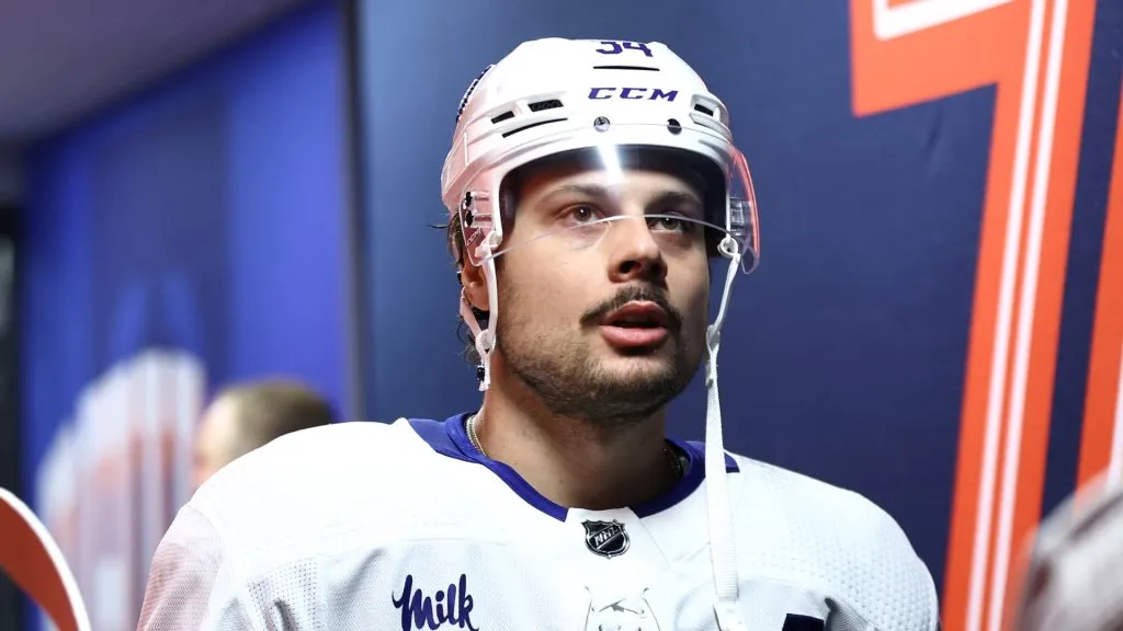Auston Matthews #34 of the Toronto Maple Leafs looks on before playing against the Philadelphia Flyers at the Wells Fargo Center on March 14, 2024 in Philadelphia, Pennsylvania.