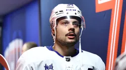 Auston Matthews #34 of the Toronto Maple Leafs looks on before playing against the Philadelphia Flyers at the Wells Fargo Center on March 14, 2024 in Philadelphia, Pennsylvania.