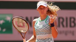 Mirra Andreeva celebrates a point against Diane Parry of France during the Women's Singles Second Round match on Day Five of the 2023 French Open.