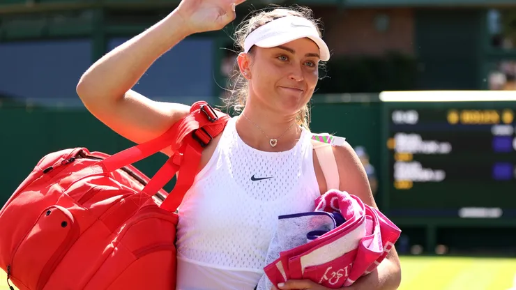 Paula Badosa of Spain leaves the court after pulling out due to injury against Marta Kostyuk of Ukraine in the Women's Singles second round match during day five of The Championships Wimbledon 2023.