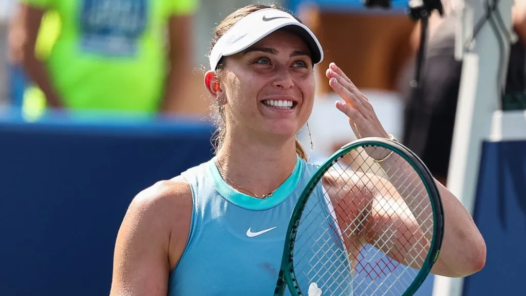 Paula Badosa of Spain celebrates after defeating Caroline Dolehide of the United States during the womens singles semi-final match on day 8 of the Mubadala Citi DC Open 2024. (Source: Scott Taetsch/Getty Images)