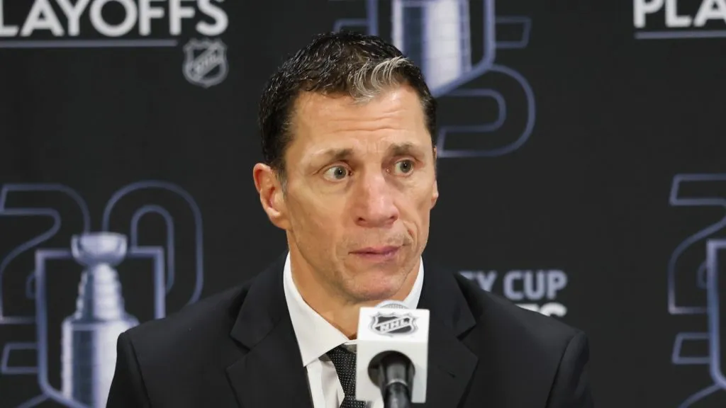 Rod Brind'Amour of the Carolina Hurricanes speaks with the media following the series win over the Washington Capitals in Game Five of the Second Round of the 2025 Stanley Cup Playoffs at Capital One Arena on May 15, 2025 in Washington, DC.