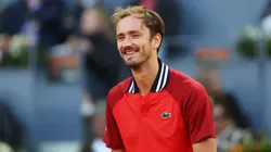 Daniil Medvedev reacts during the Men's Singles quarter-final match against Jiri Lehecka of Czech Republic on Day Ten of Mutua Madrid Open at La Caja Magica on May 02, 2024.