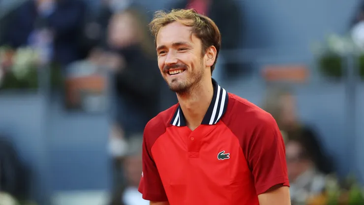 Daniil Medvedev reacts during the Men's Singles quarter-final match against Jiri Lehecka of Czech Republic on Day Ten of Mutua Madrid Open at La Caja Magica on May 02, 2024.