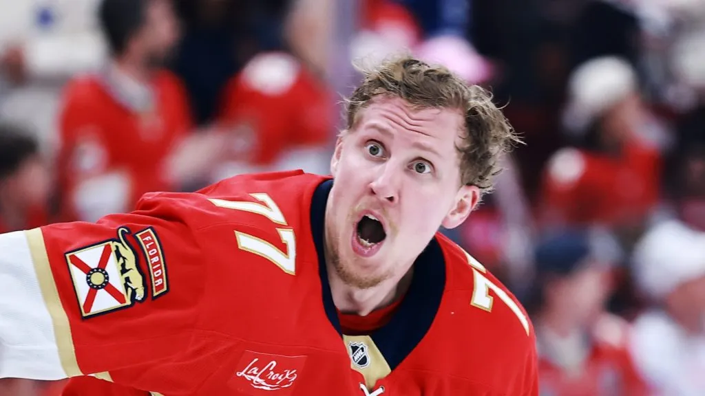 Niko Mikkola #77 of the Florida Panthers reacts during the third period against the Toronto Maple Leafs in Game Four of the Second Round of the 2025 Stanley Cup Playoffs at Amerant Bank Arena on May 11, 2025 in Sunrise, Florida.