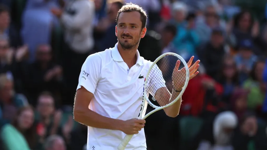 Daniil Medvedev celebrates winning match point against Jan-Lennard Struff of Germany in his Gentlemen’s Singles third round match during day six of The Championships Wimbledon 2024. (Source: Sean M. Haffey/Getty Images)