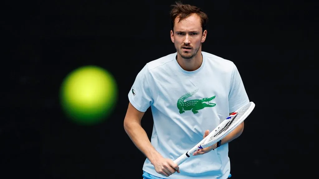 Daniil Medvedev plays a forehand during a practice session ahead of the 2025 Australian Open at Melbourne Park on January 09, 2025. (Source: Daniel Pockett/Getty Images)