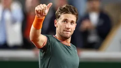 Casper Ruud of Denmark celebrates winning match point against Taylor Fritz of United States in the Men's Singles fourth round match during Day Nine of the 2024 French Open.