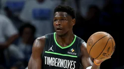 Anthony Edwards #5 of the Minnesota Timberwolves passes the ball against Cason Wallace #22 of the Oklahoma City Thunder during the first quarter in Game One of the Western Conference Finals of the 2025 NBA Playoffs