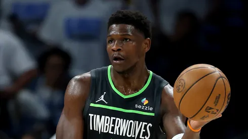 Anthony Edwards #5 of the Minnesota Timberwolves passes the ball against Cason Wallace #22 of the Oklahoma City Thunder during the first quarter in Game One of the Western Conference Finals of the 2025 NBA Playoffs