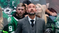 Head coach Peter DeBoer of the Dallas Stars reacts after his team allows a goal to Ivan Barbashev of the Vegas Golden Knights during the first period in Game Three of the Western Conference Final of the 2023 Stanley Cup Playoffs at American Airlines Center on May 23, 2023 in Dallas, Texas.