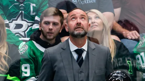 Head coach Peter DeBoer of the Dallas Stars reacts after his team allows a goal to Ivan Barbashev of the Vegas Golden Knights during the first period in Game Three of the Western Conference Final of the 2023 Stanley Cup Playoffs at American Airlines Center on May 23, 2023 in Dallas, Texas.