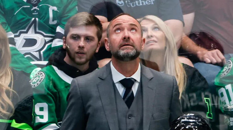 Head coach Peter DeBoer of the Dallas Stars reacts after his team allows a goal to Ivan Barbashev of the Vegas Golden Knights during the first period in Game Three of the Western Conference Final of the 2023 Stanley Cup Playoffs at American Airlines Center on May 23, 2023 in Dallas, Texas.